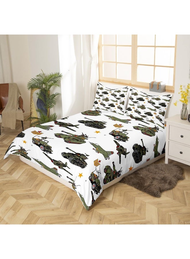 Manfei War Theme Duvet Cover Set Twin Size, Aircraft Tanks Bedding Set 2pcs for Kids Boys Bedroom Decor, Retro Army Green Airplane Tanks Comforter Cover Soft Polyester Quilt Cover with 1 Pillowcase - Image 2
